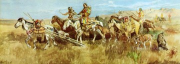 アメリカインディアン Painting - キャンプを移動するインディアンの女性 1896年 チャールズ・マリオン・ラッセル アメリカ・インディアン